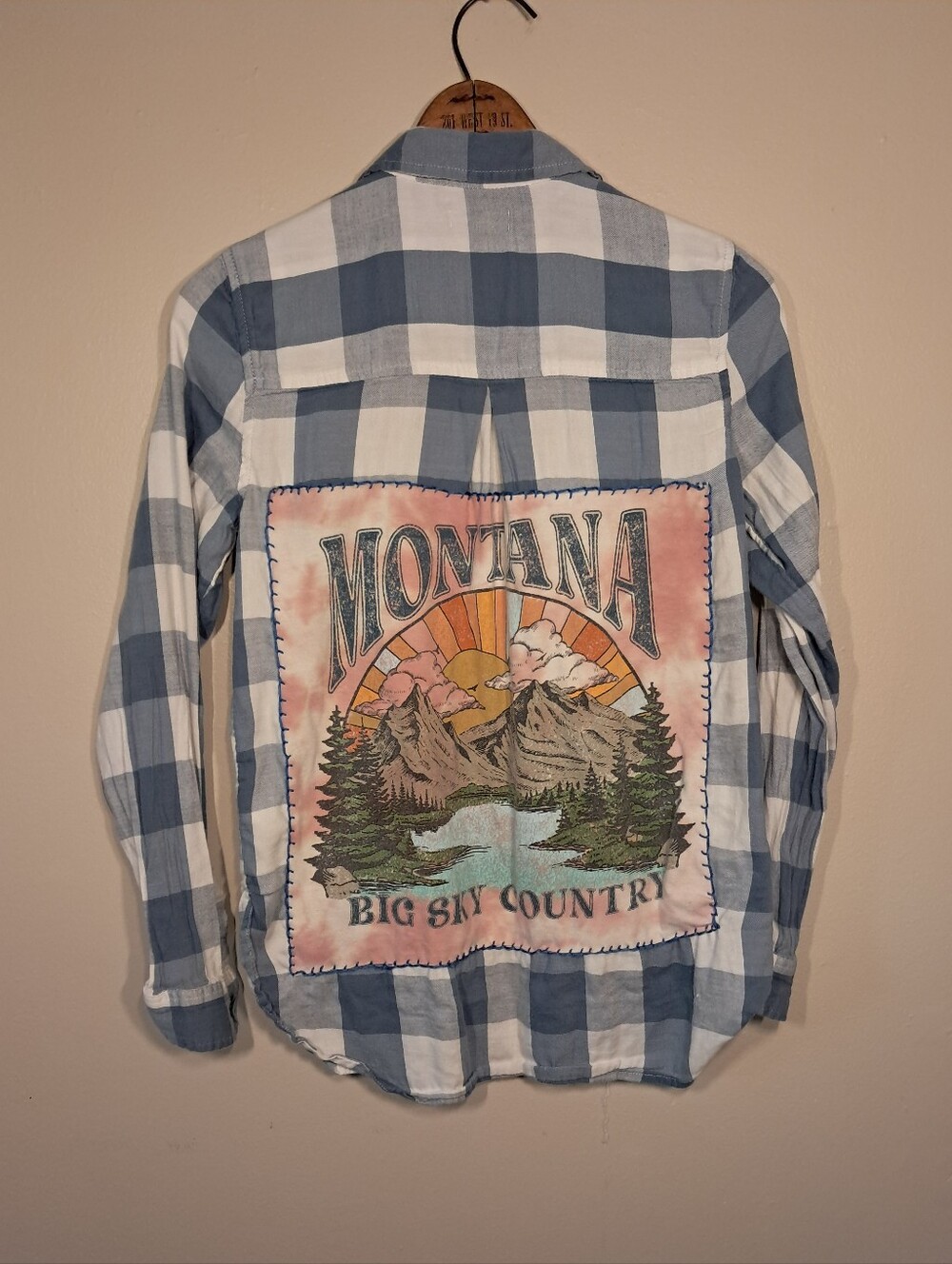 True Craft Blue and White Plaid Button-Down Shirt with Graphic Patch Upcycled